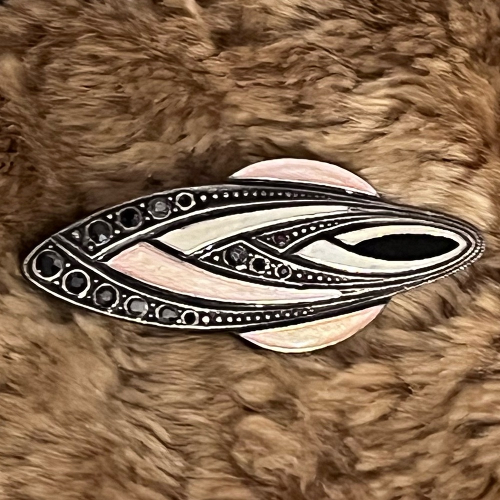 Enamel Black, Ivory & Cream Space Age Rocket Inspired Design Brooch -Pierre Bex?